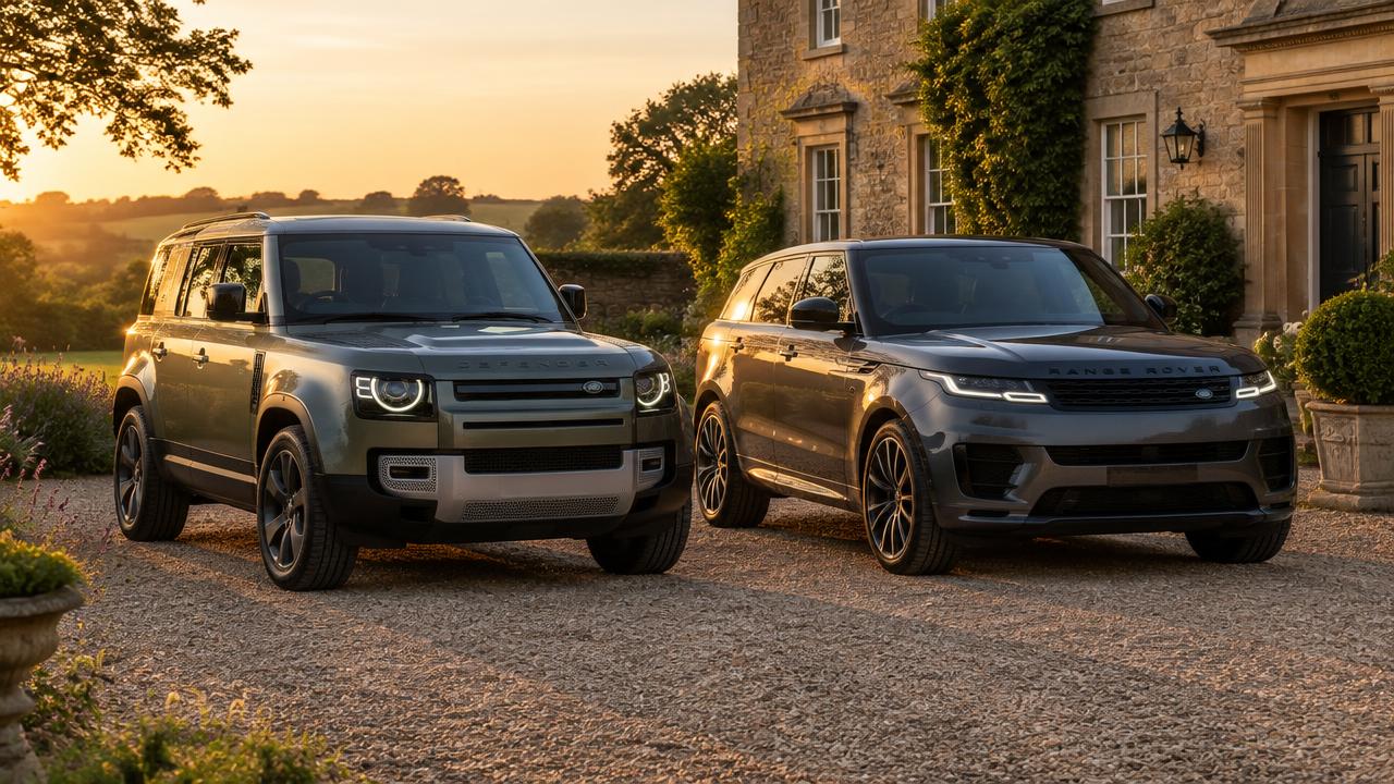 Modern Land Rover Defender 110 and Range Rover Sport on a country house gravel drive