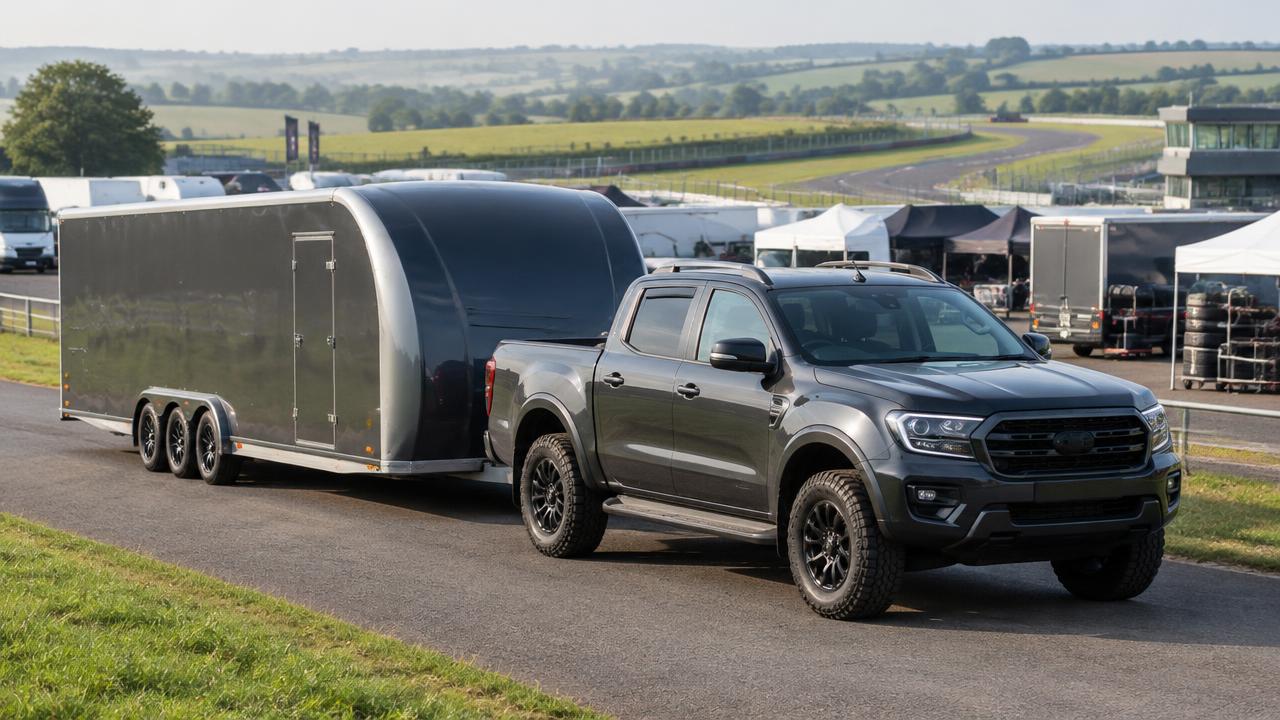 Dark grey 4x4 pickup towing an enclosed car trailer beside a motor racing paddock